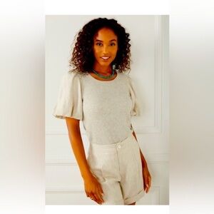 Karen Kane, Medium Linen Puff Sleeve Oat Colored Ribbed Top